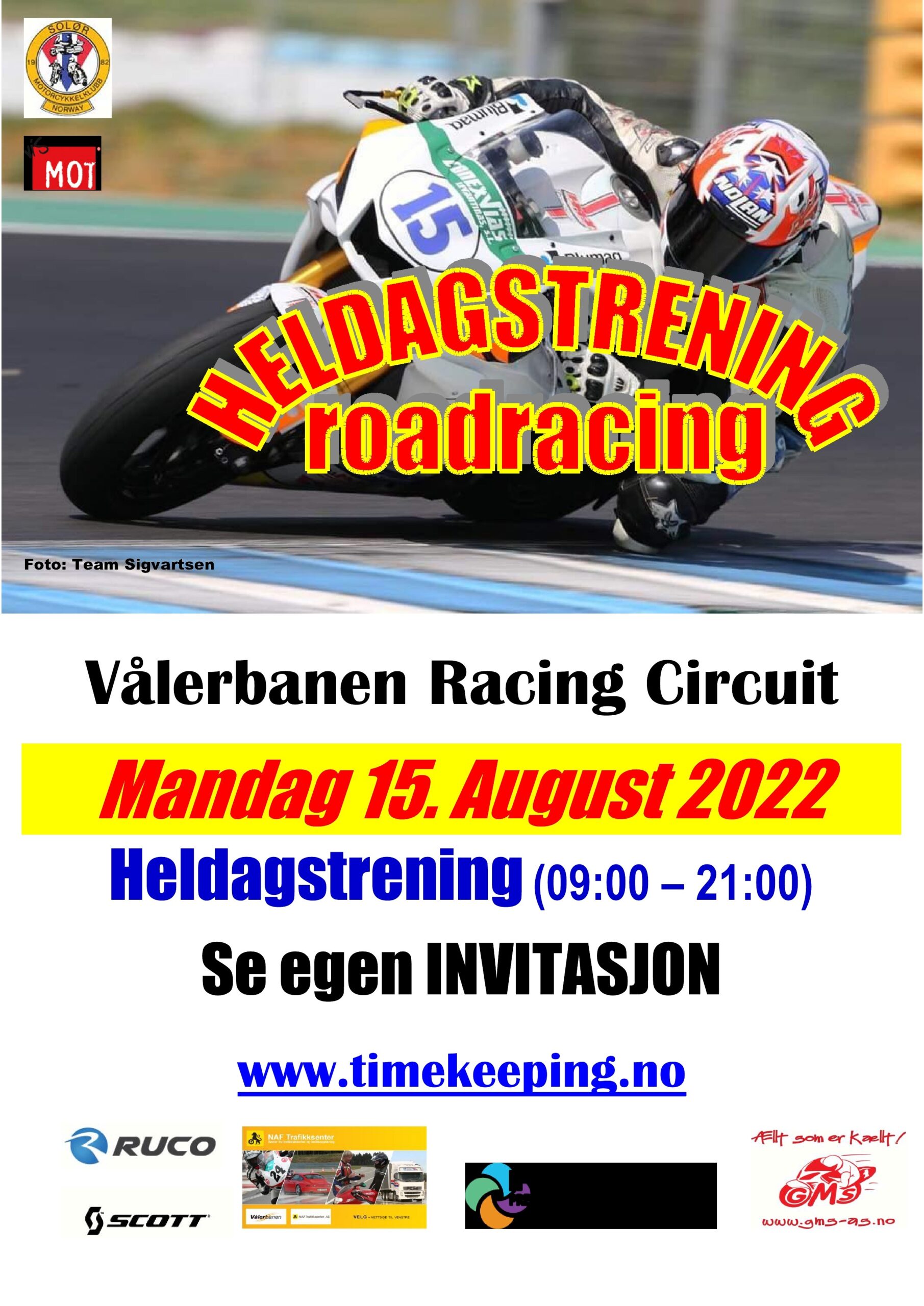 0 - Poster Heldagstrening roadracing - Vålerbanen - 15. August 2022
