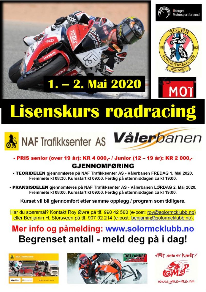 2 - POSTER lisenskurs 1 - roadracing på Vålerbanen – MAI 2020