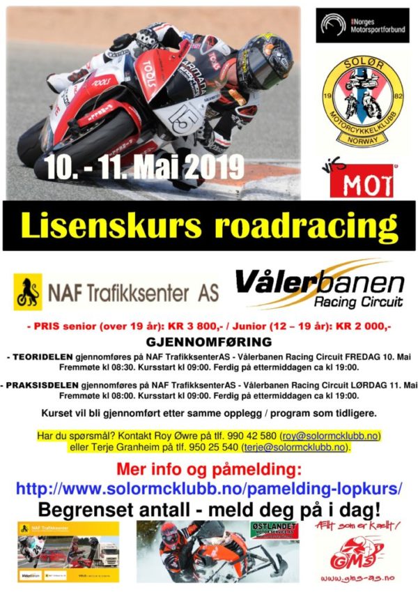 poster lisenskurs roadracing vålerbanen - mai 2019